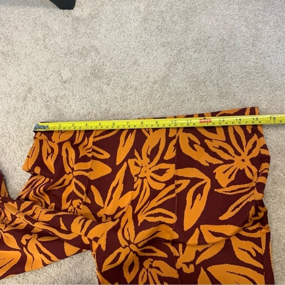 Zara red orange flared floral tropical Jacquard stretchy pants Sz L - Picture 9 of 12